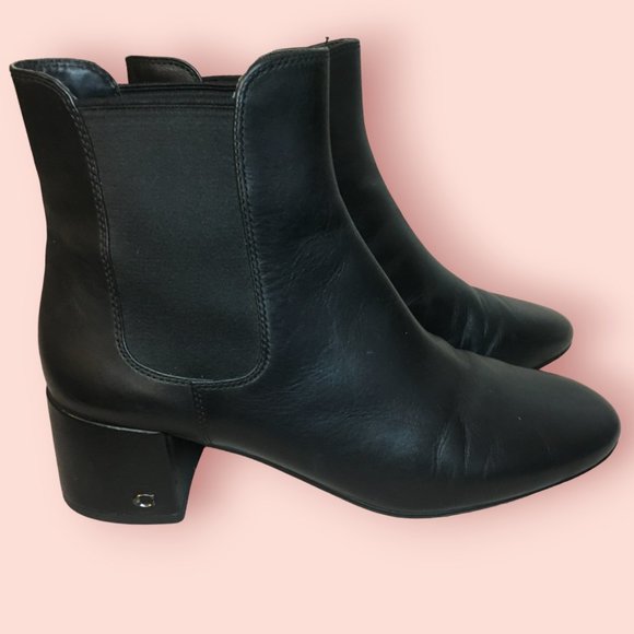 Coach Black Leather Pull On Ankle Booties with Chunky Block Heel - Picture 1 of 7
